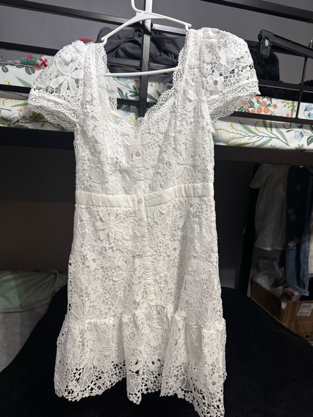 SHEIN Cream Crochet Lace Mini Dress with Puff Sleeves